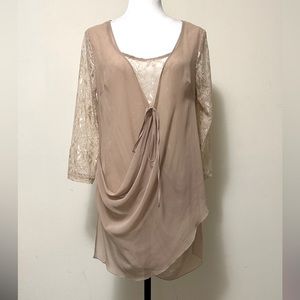 A’reve Beige Sheer Layers w Lace Upfront Lightweight Faux Wrap Top M